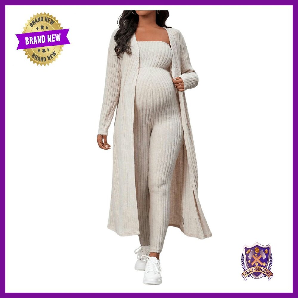 Maternity Ribbed Jumpsuit Set Strapless Cardigan Comfy Outfit